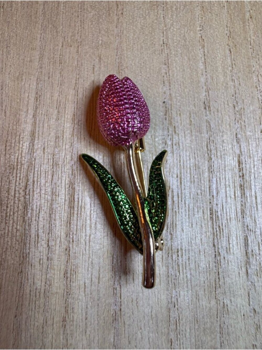 Pink Tulip Crystal Brooch with Green Enamel Leaves